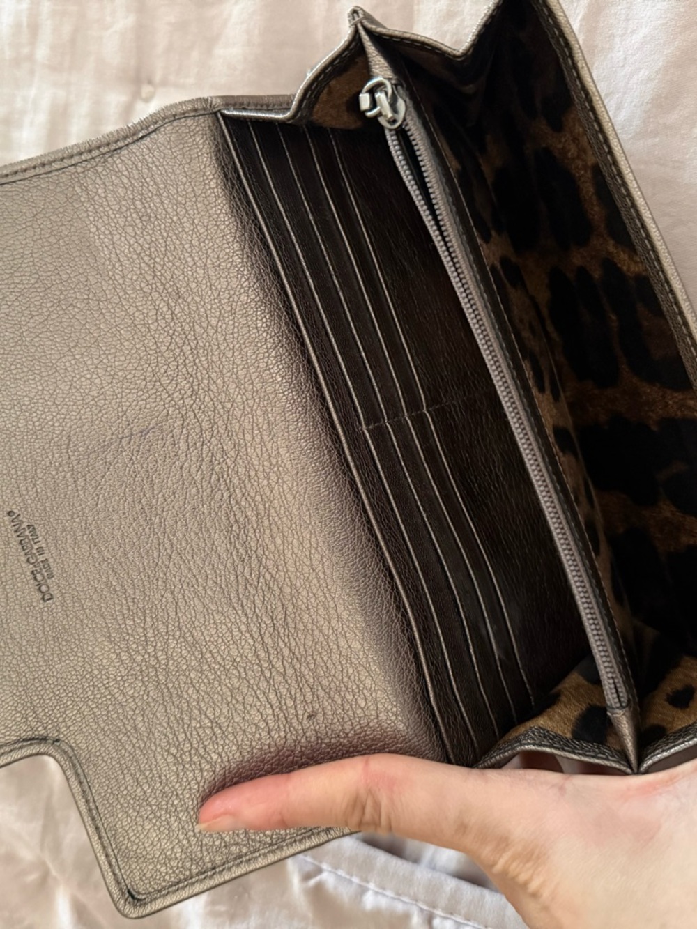 Dolce & Gabbana Metallic Gray Leather Crossbody Wallet with Leopard Interior